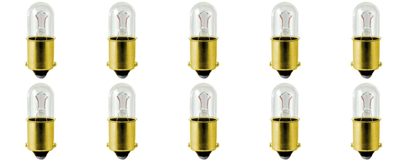 Ten #47 miniature light bulbs in a 10-pack arrangement, brass bayonet bases