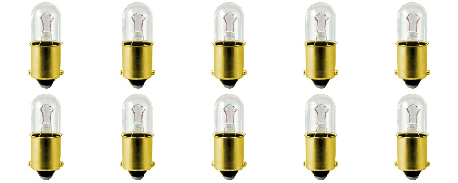 Ten #47 miniature light bulbs in a 10-pack arrangement, brass bayonet bases