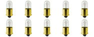 Ten #47 miniature light bulbs in a 10-pack arrangement, brass bayonet bases