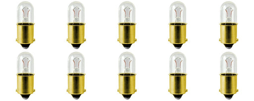 Ten #47 miniature light bulbs in a 10-pack arrangement, brass bayonet bases