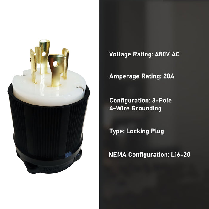 L16-20 Grounding Locking Plug and Connector Set | 480V - 20A - 3 Pole 4 Wire
